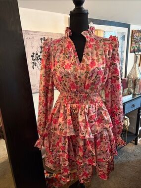 So Me Silky Pink Floral Smocked Tiered Ruffle Dress